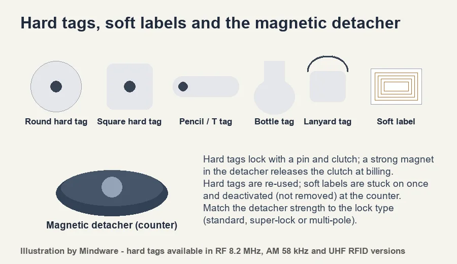 Anti-theft hard tags - round, square, pencil, bottle and lanyard tags, soft label and magnetic detacher