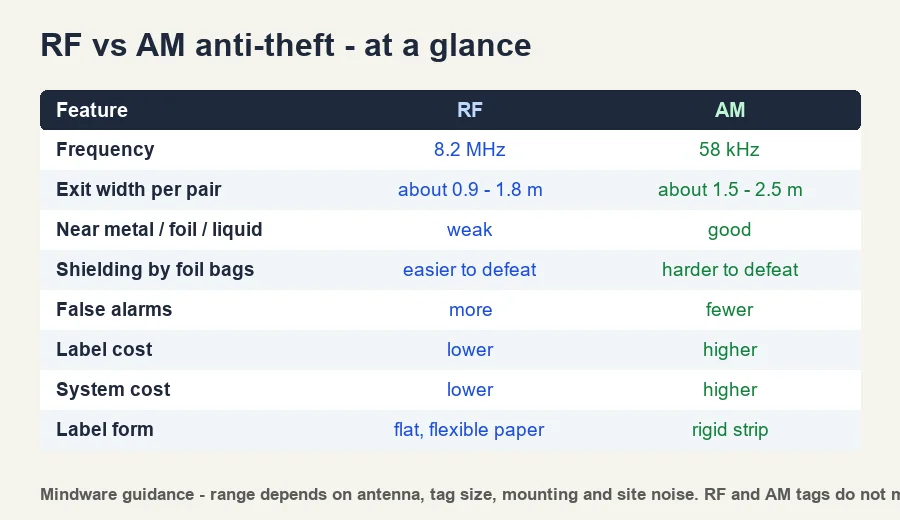 Difference between RF and AM anti-theft systems - frequency, exit width, metal, false alarms, cost