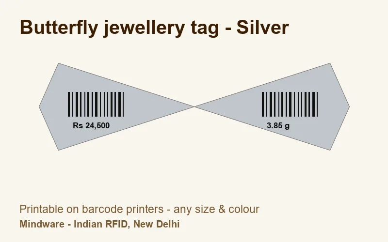 Butterfly jewellery tag - Silver - jewellery label printable on barcode printers, made by Mindware, New Delhi