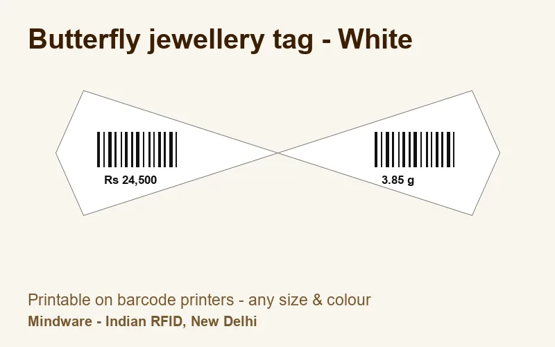 Butterfly jewellery tag - White - jewellery label printable on barcode printers, made by Mindware, New Delhi