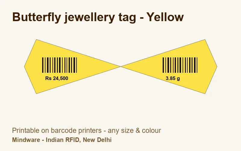 Butterfly jewellery tag - Yellow - jewellery label printable on barcode printers, made by Mindware, New Delhi