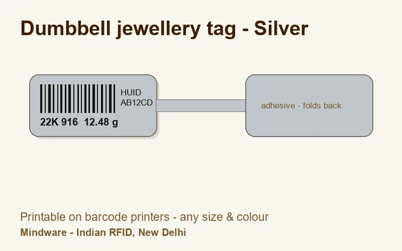 Dumbbell jewellery tag - Silver - jewellery label printable on barcode printers, made by Mindware, New Delhi