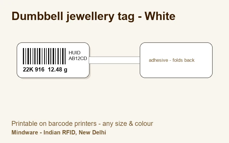 Dumbbell jewellery tag - White - jewellery label printable on barcode printers, made by Mindware, New Delhi