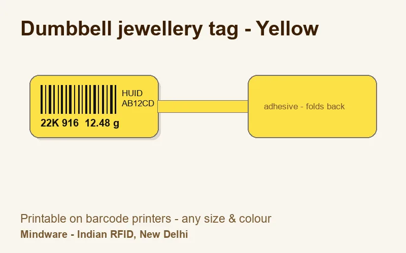 Dumbbell jewellery tag - Yellow - jewellery label printable on barcode printers, made by Mindware, New Delhi
