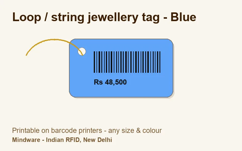 Loop / string jewellery tag - Blue - jewellery label printable on barcode printers, made by Mindware, New Delhi