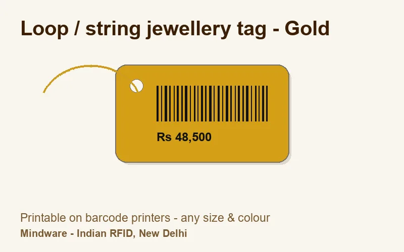Loop / string jewellery tag - Gold - jewellery label printable on barcode printers, made by Mindware, New Delhi