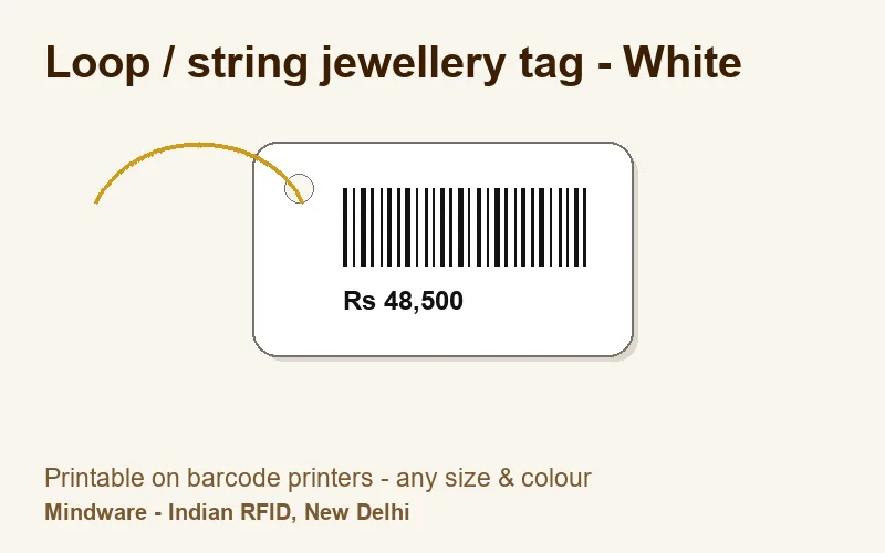 Loop / string jewellery tag - White - jewellery label printable on barcode printers, made by Mindware, New Delhi