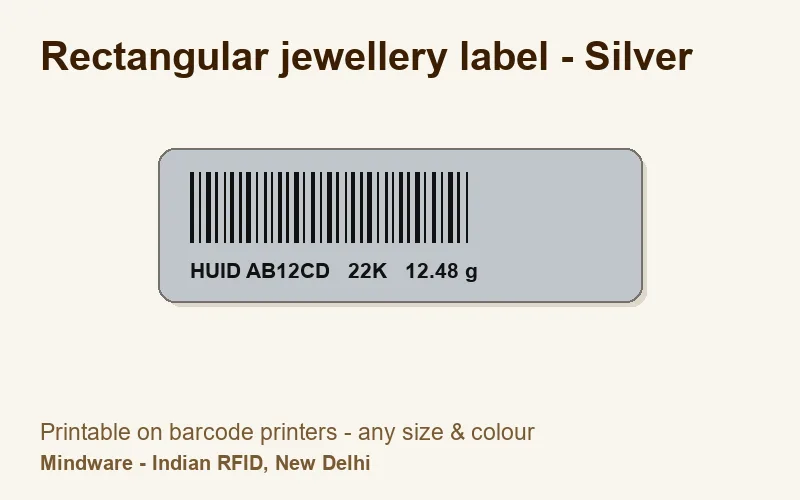 Rectangular jewellery label - Silver - jewellery label printable on barcode printers, made by Mindware, New Delhi