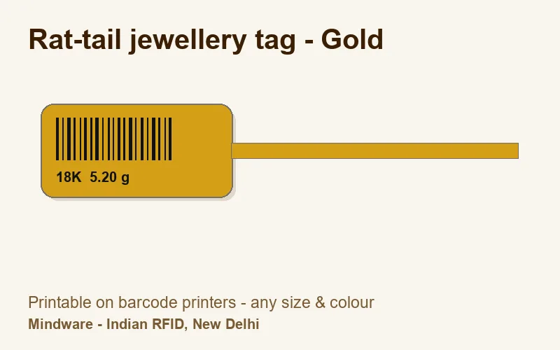 Rat-tail jewellery tag - Gold - jewellery label printable on barcode printers, made by Mindware, New Delhi