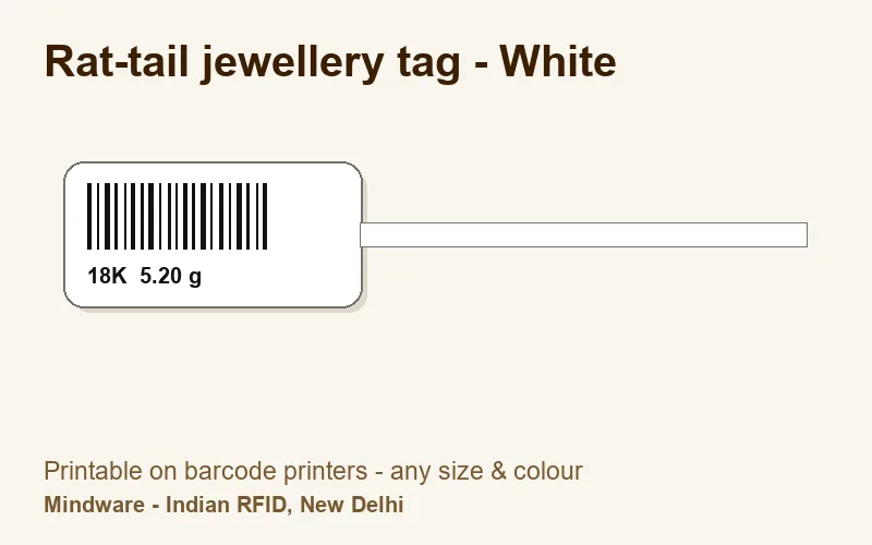 Rat-tail jewellery tag - White - jewellery label printable on barcode printers, made by Mindware, New Delhi