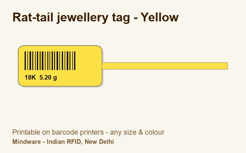 Rat-tail jewellery tag - Yellow - jewellery label printable on barcode printers, made by Mindware, New Delhi