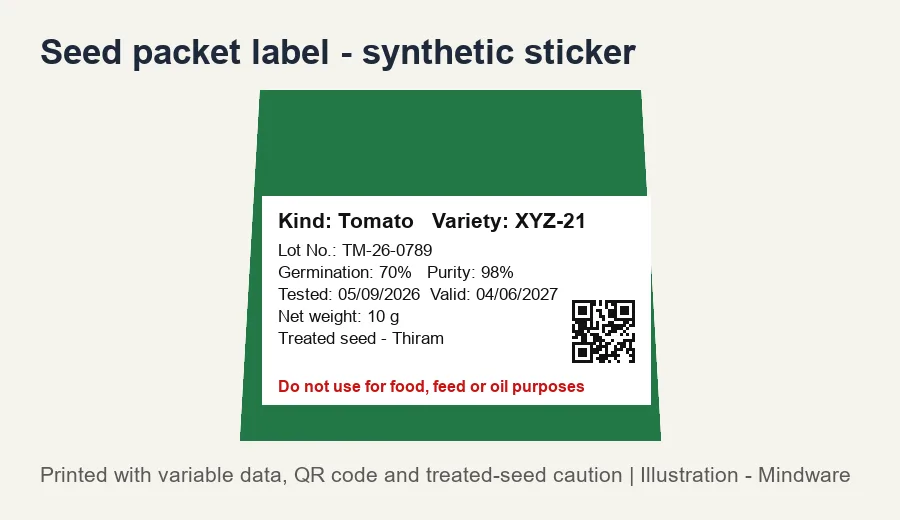 Seed packet label with kind, variety, lot number, germination, purity, test date, validity, net weight, treated-seed caution and QR code