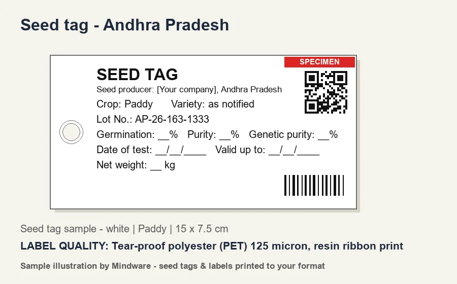 Seed tag - Andhra Pradesh Seed tag sample - white for Andhra Pradesh (Paddy) - Tear-proof polyester (PET) 125 micron, resin ribbon print - seed tags printed by Mindware