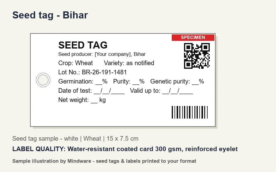 Seed tag - Bihar Seed tag sample - white for Bihar (Wheat) - Water-resistant coated card 300 gsm, reinforced eyelet - seed tags printed by Mindware