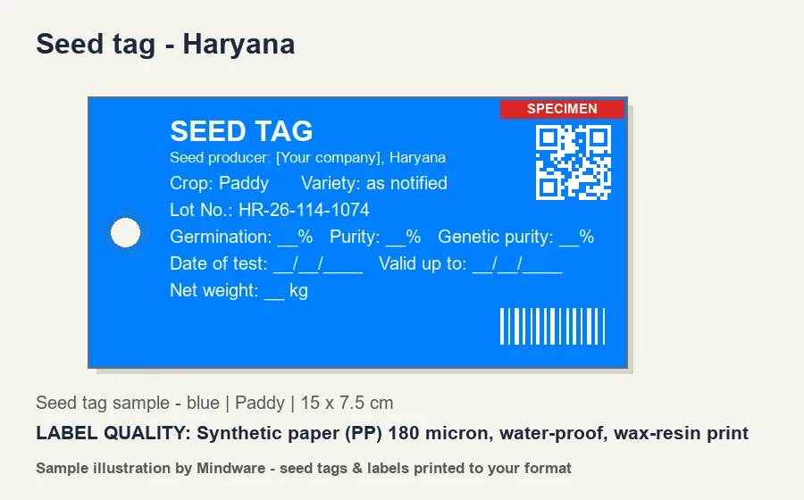 Seed tag - Haryana Seed tag sample - blue for Haryana (Paddy) - Synthetic paper (PP) 180 micron, water-proof, wax-resin print - seed tags printed by Mindware