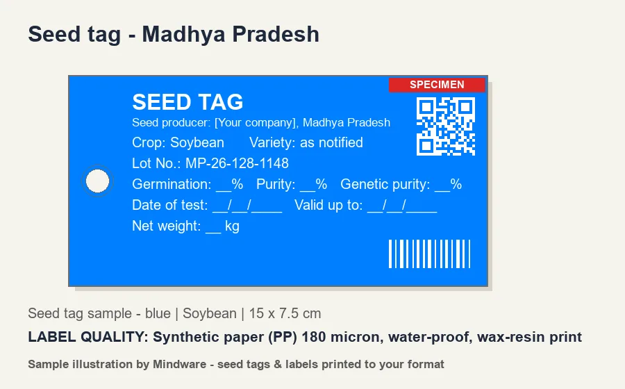 Seed tag - Madhya Pradesh Seed tag sample - blue for Madhya Pradesh (Soybean) - Synthetic paper (PP) 180 micron, water-proof, wax-resin print - seed tags printed by Mindware