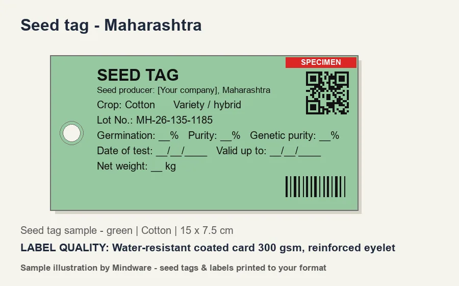 Seed tag - Maharashtra Seed tag sample - green for Maharashtra (Cotton) - Water-resistant coated card 300 gsm, reinforced eyelet - seed tags printed by Mindware