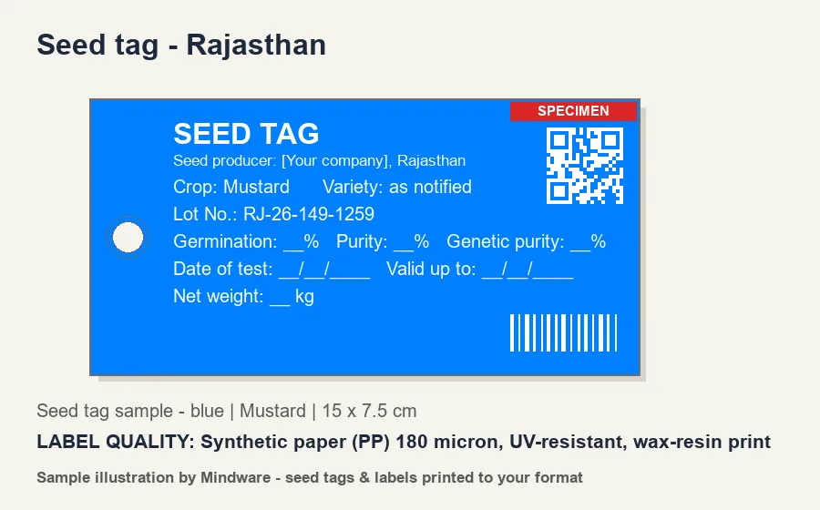 Seed tag - Rajasthan Seed tag sample - blue for Rajasthan (Mustard) - Synthetic paper (PP) 180 micron, UV-resistant, wax-resin print - seed tags printed by Mindware