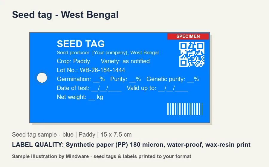 Seed tag - West Bengal Seed tag sample - blue for West Bengal (Paddy) - Synthetic paper (PP) 180 micron, water-proof, wax-resin print - seed tags printed by Mindware